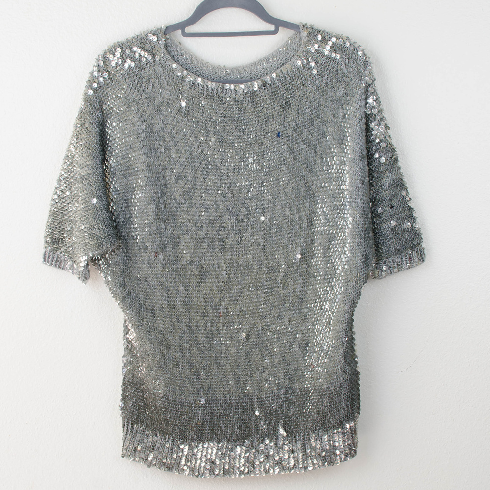 80s Vintage Sequin Silver Shirt Small | Buleks | Made in Turkey